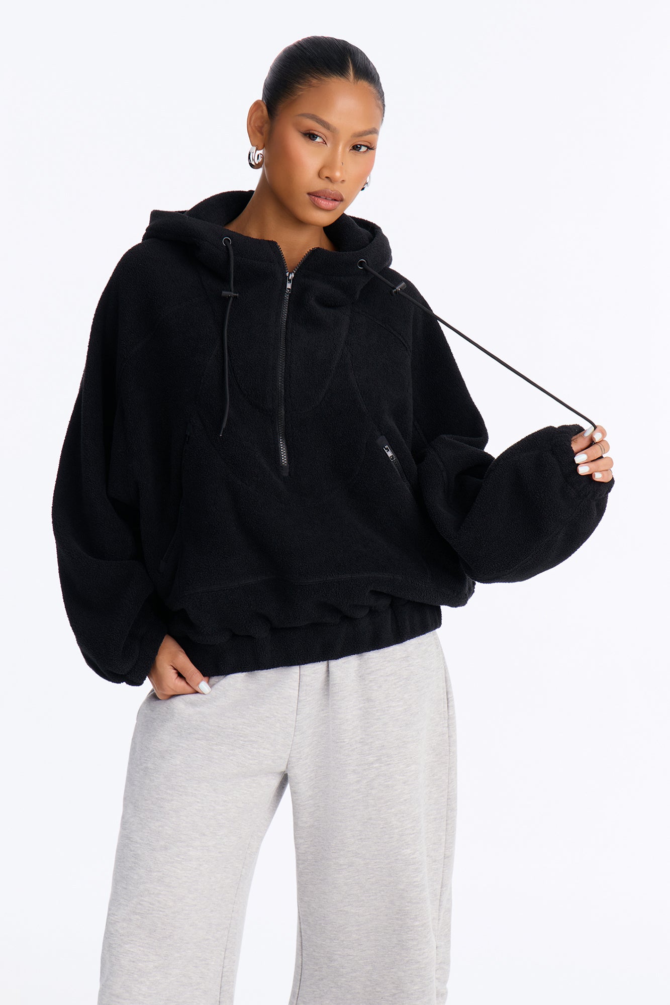 Stay Warm Polar Fleece Half Zip Hooded Jacket - Black