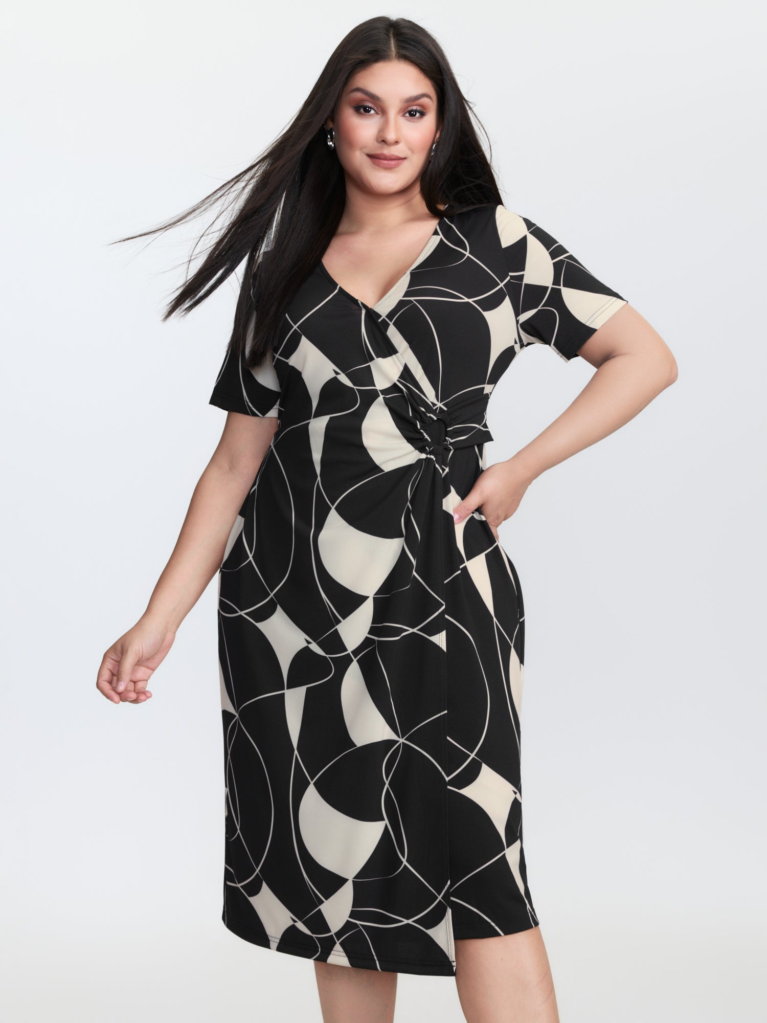 Geometric Print Stretchy Knotted Midi Dress