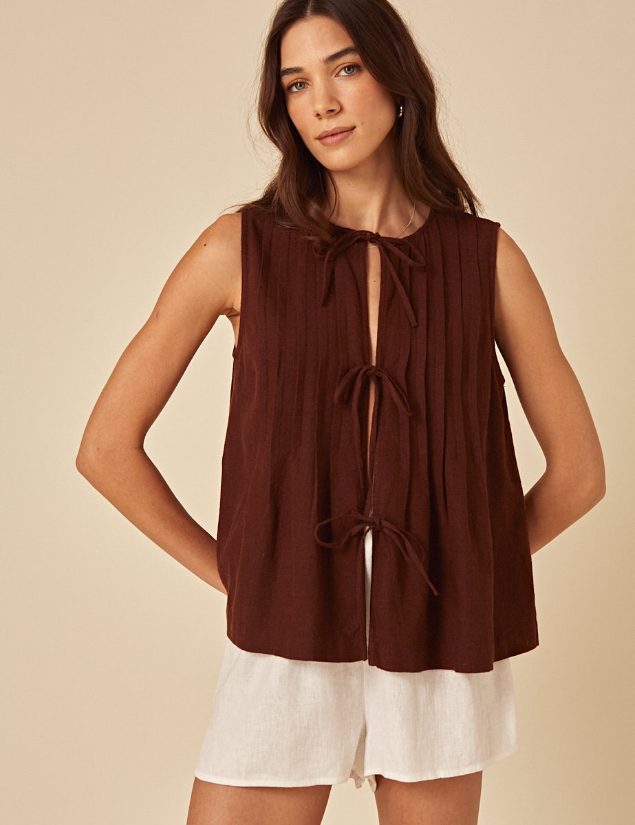 Brown Linen-Rich Tie Front Top