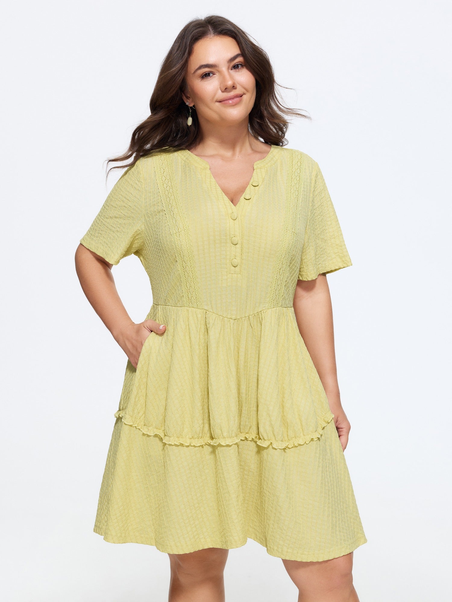 Textured Lace Trim Tiered Ruffle Mini Dress