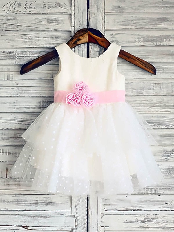 Stylish Tiered Crew Sleeveless Ball Gown Satin Tulle Flower Girl Dresses