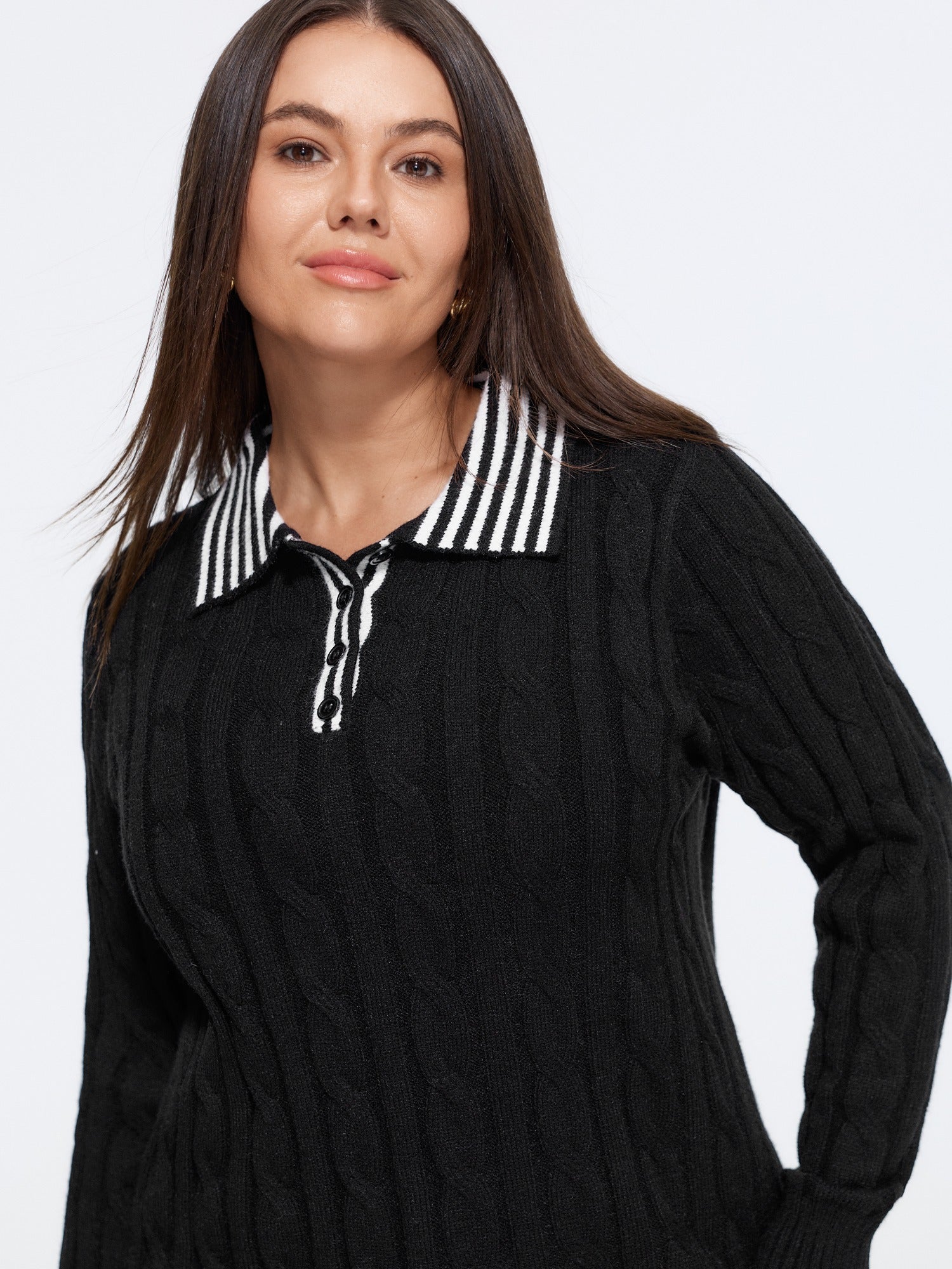 Supersoft Striped Collar Patchwork Cable Knit Pullover