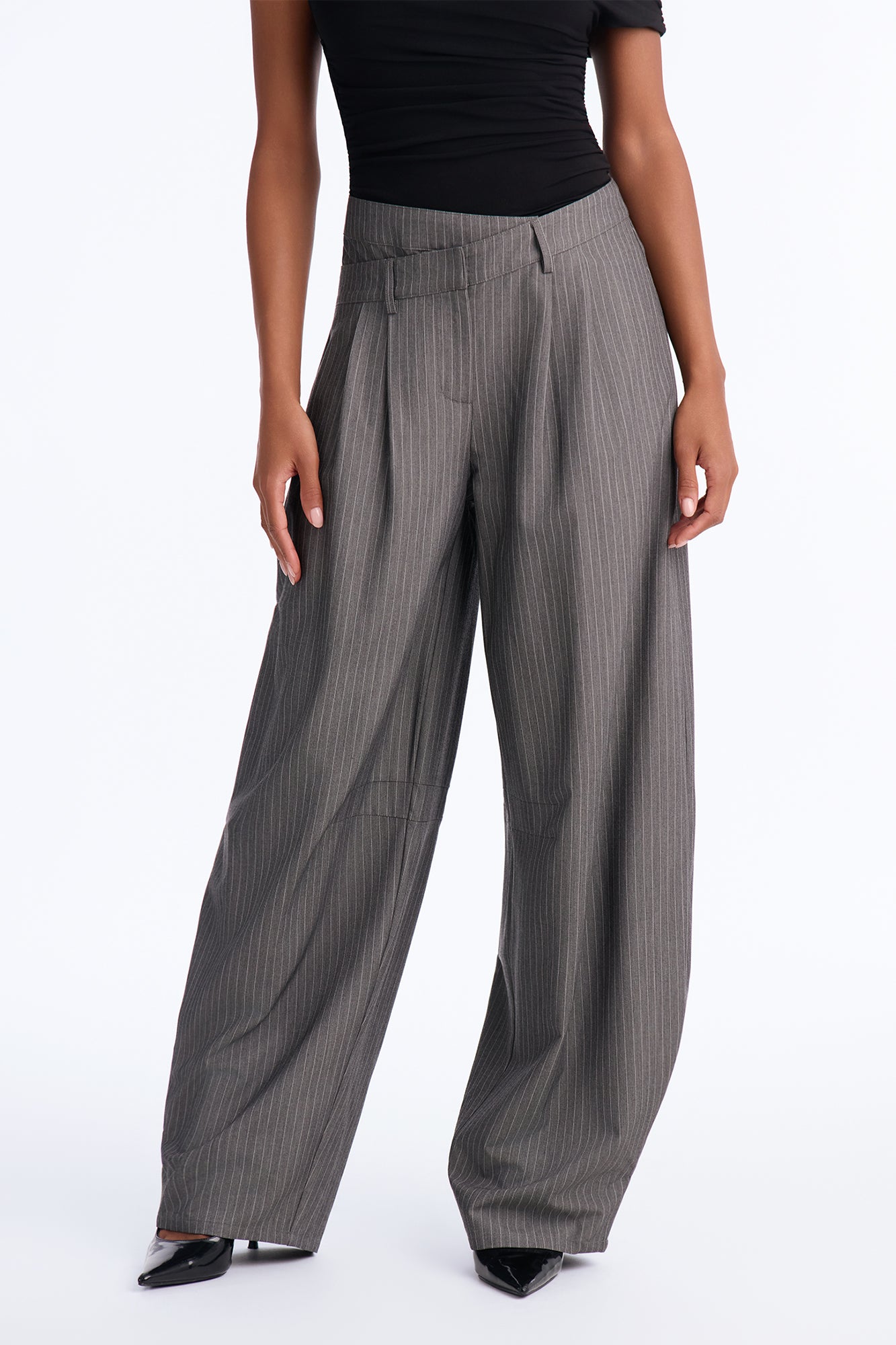 Thalia Crossover Double Waistband Wide Leg Trousers - Charcoal