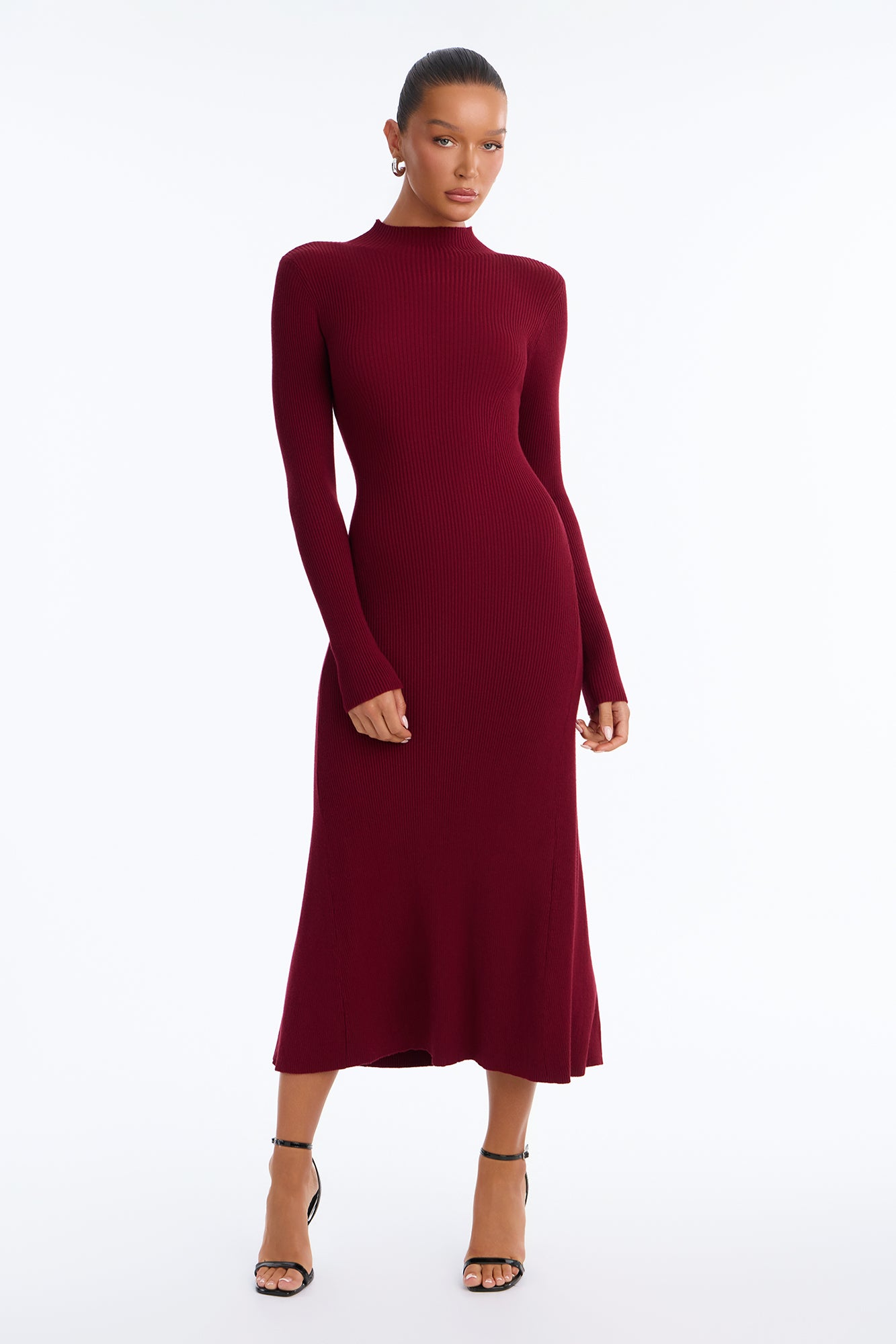 Everyday Muse Long Sleeve Ribbed Midi Dress - Wine