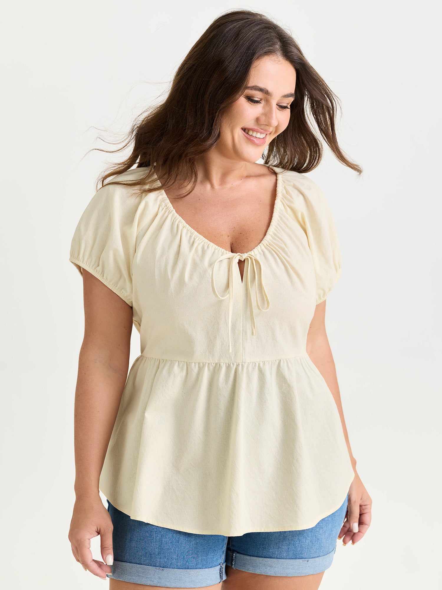 Cotton Linen Blend Drawstring Neckline Blouse
