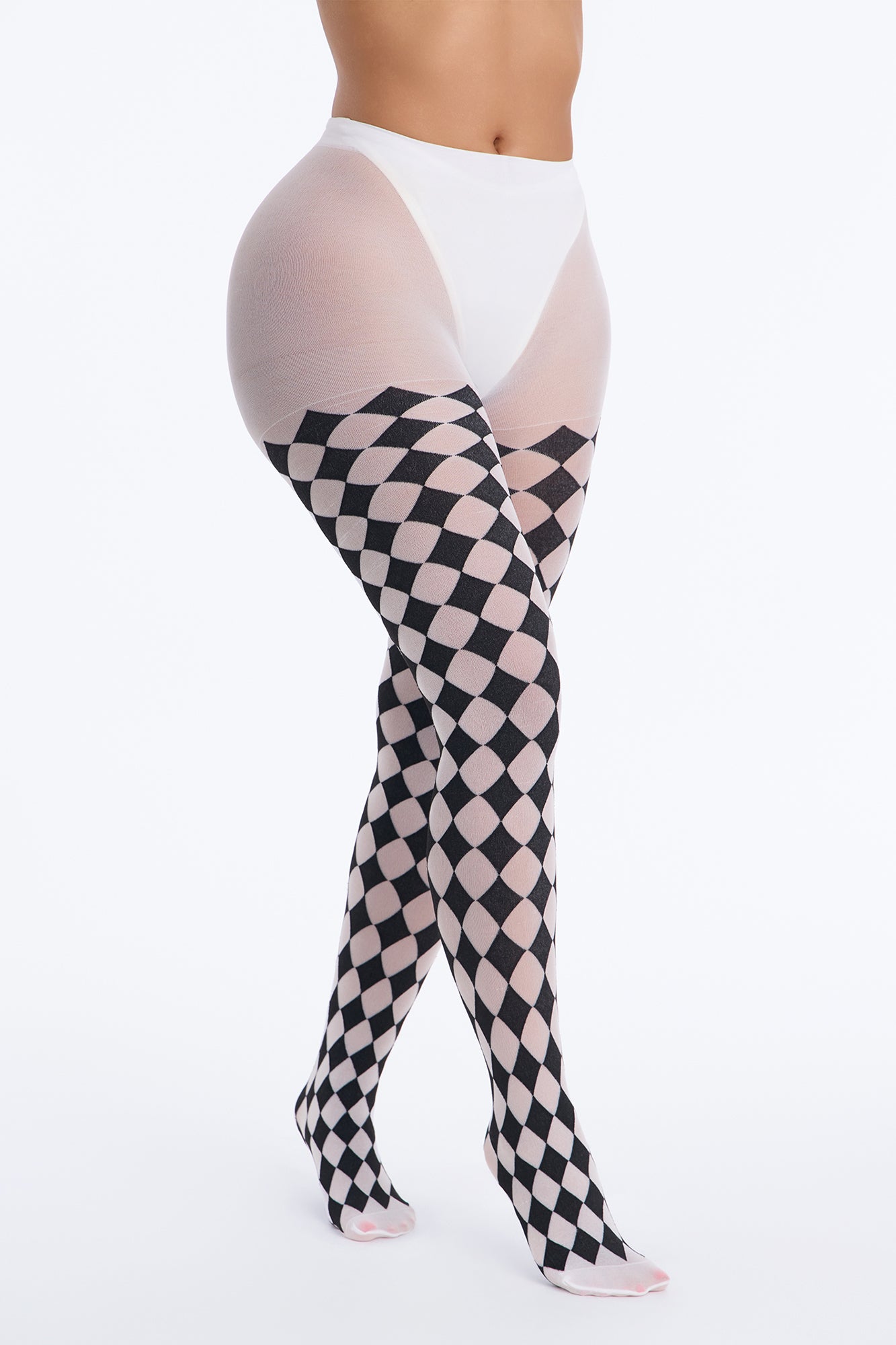 Edge To Edge Checkered Mesh Tights - Black/White