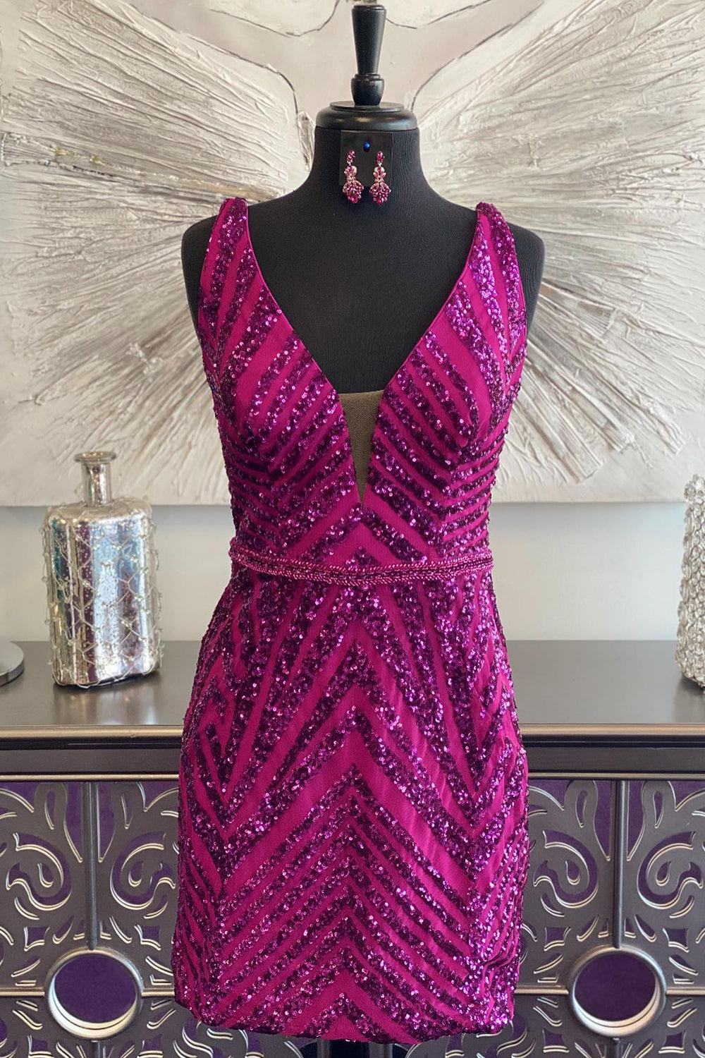 Sparkly Fuchsia Sequined Backless Tight Short Homecoming Dress/Mini Dress