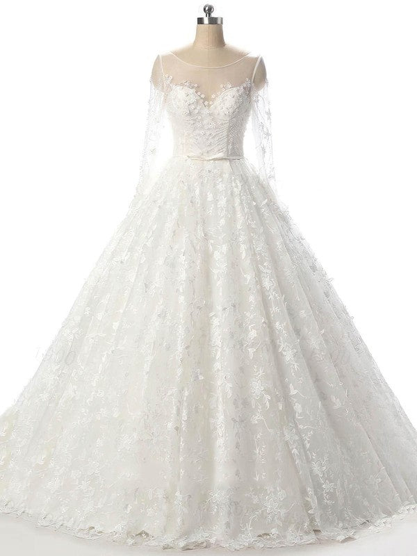Elegant Ball Gown Long Sleeves Lace Court Train Wedding Dresses with Ribbon