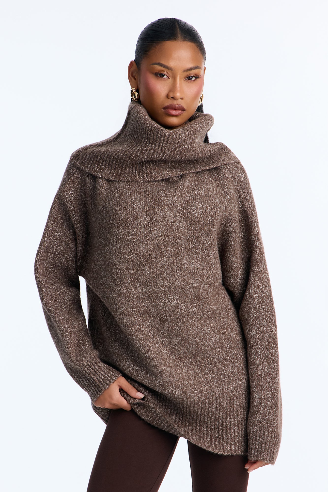 Waiting For Us Oversized Funnel Neck Sweater - Brown