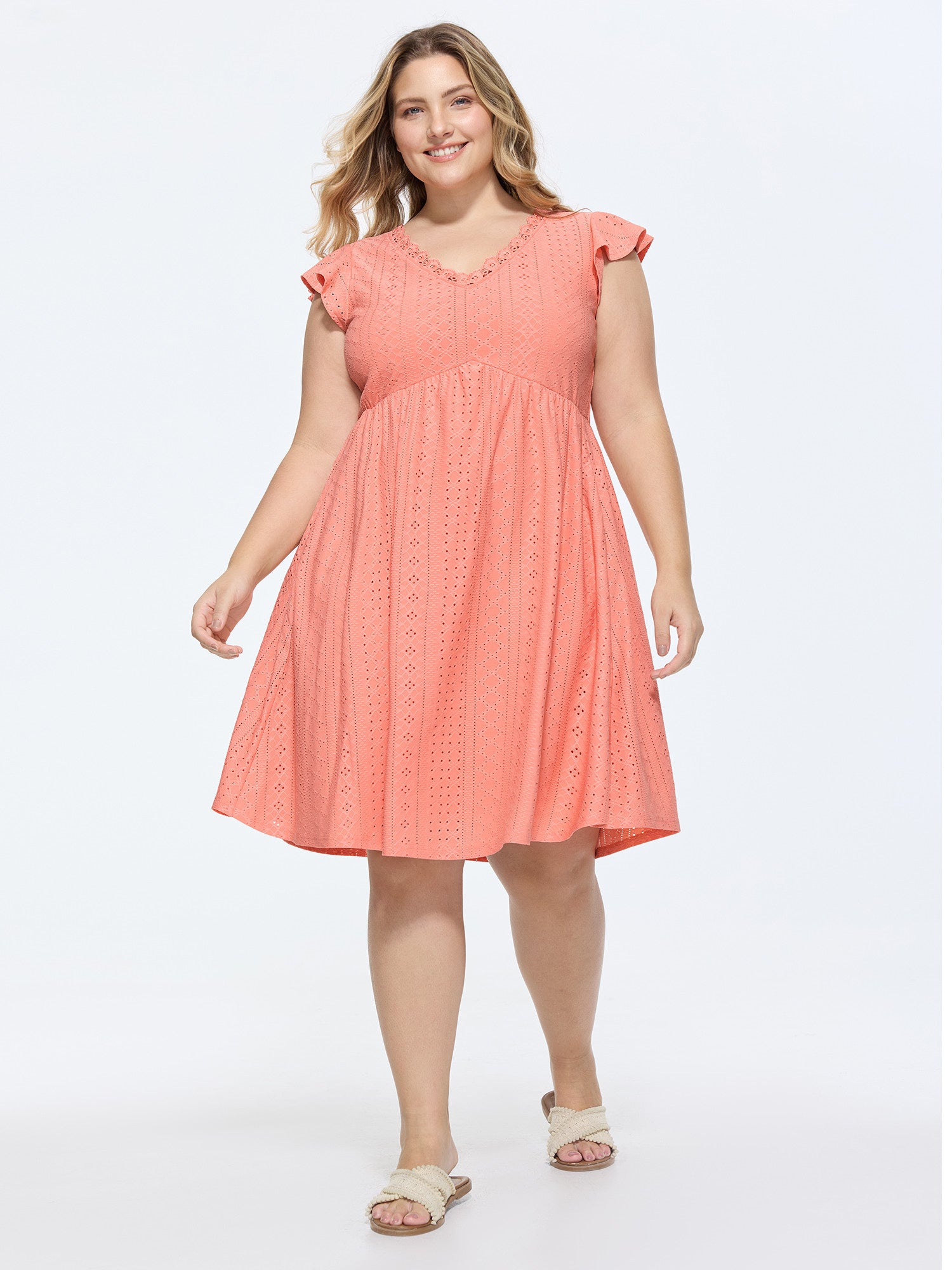 Eyelet Textured Flutter Sleeve Mini Dress