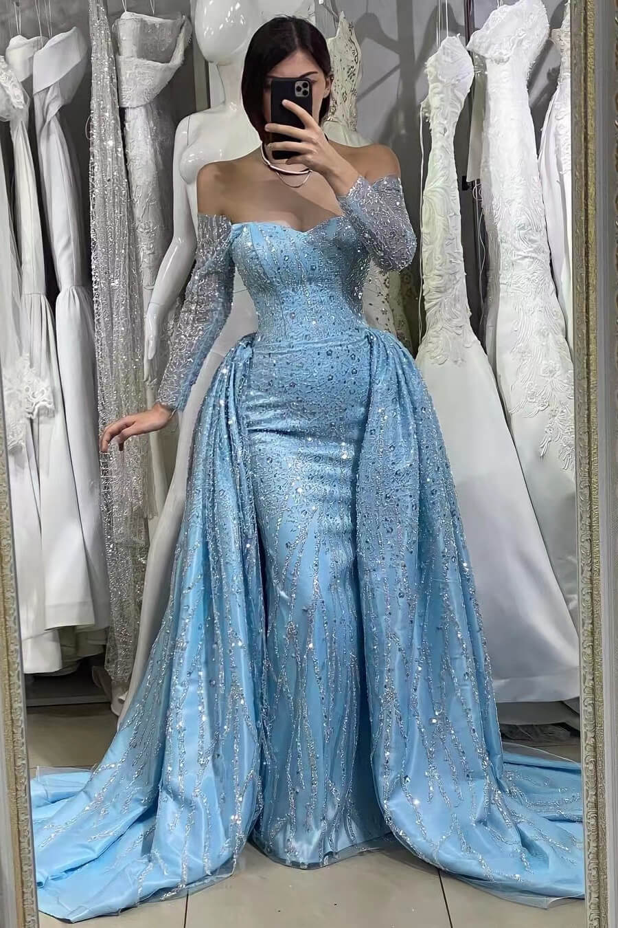 Long Sleeves Blue Beads Off-The-Shoulder Sweetheart Evening Dress With Long Ruffles Sequins