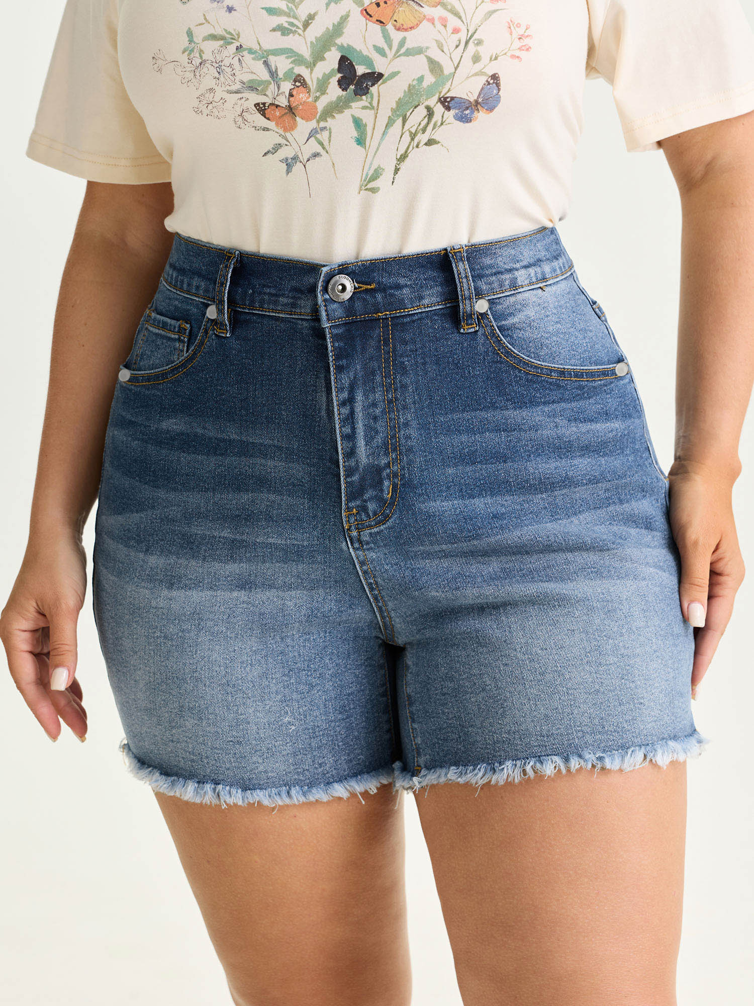 Stretchy Waist Raw Hem Straight-Leg Denim Shorts