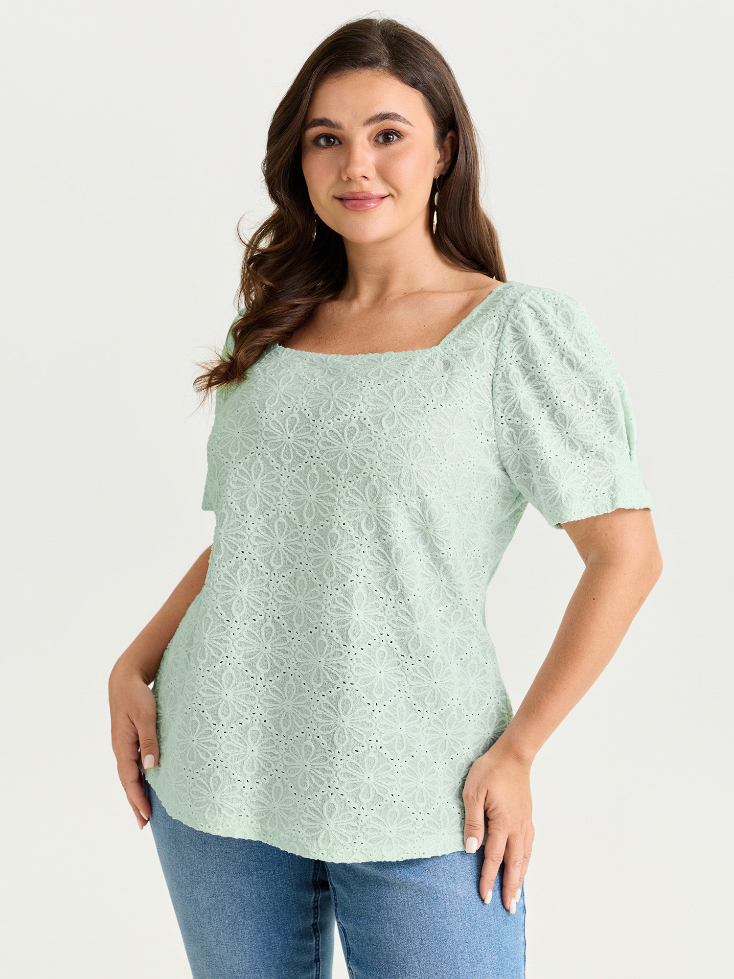 Textured Button Detail Square Neckline Knit Top