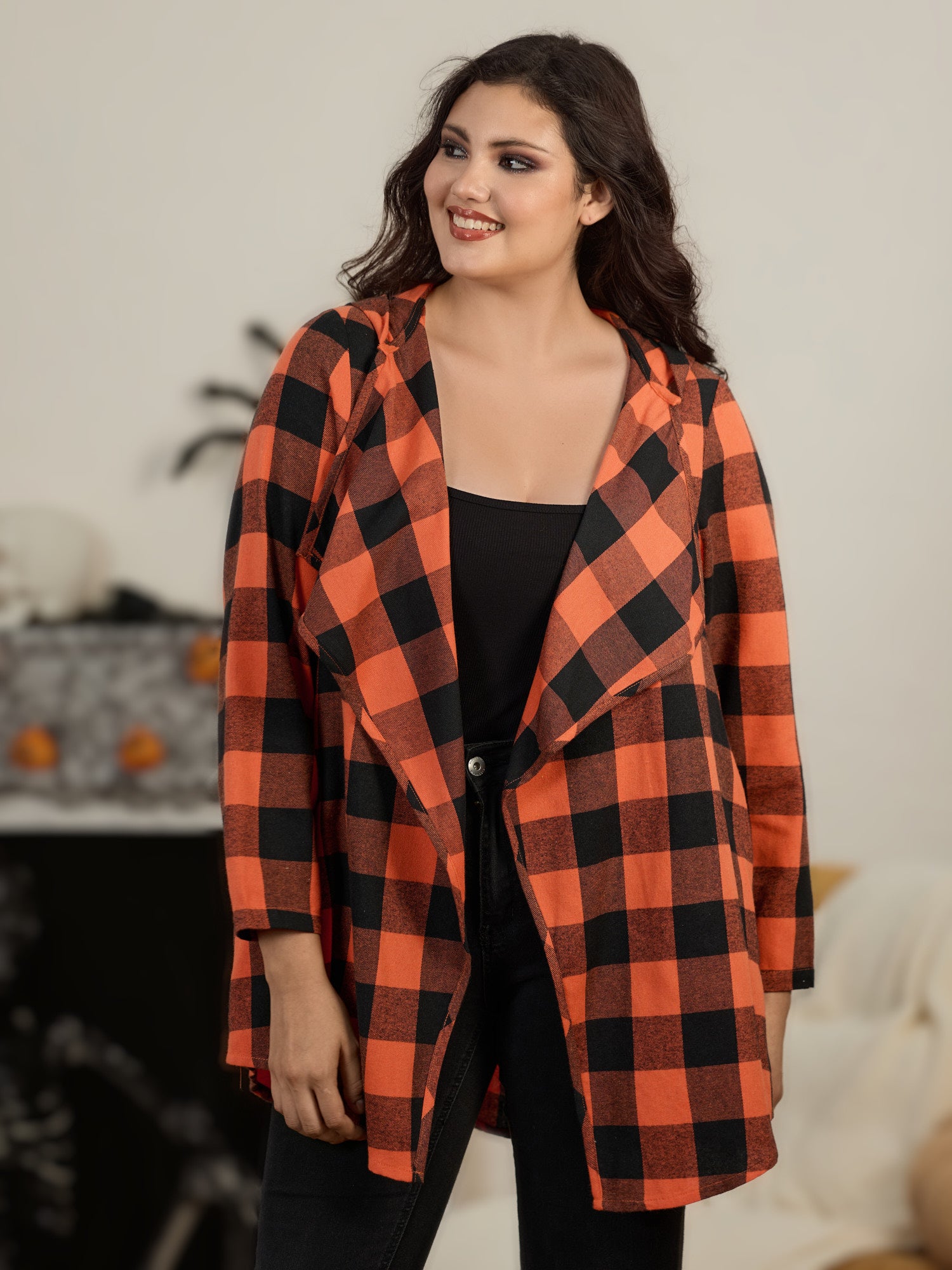 Colorblock Contrast Plaid Hooded Open Front Jacket