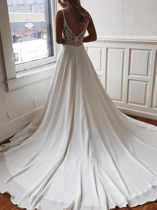 Sexy A-Line Deep V-Neck Spaghetti Straps Chiffon Court Train Wedding Dresses