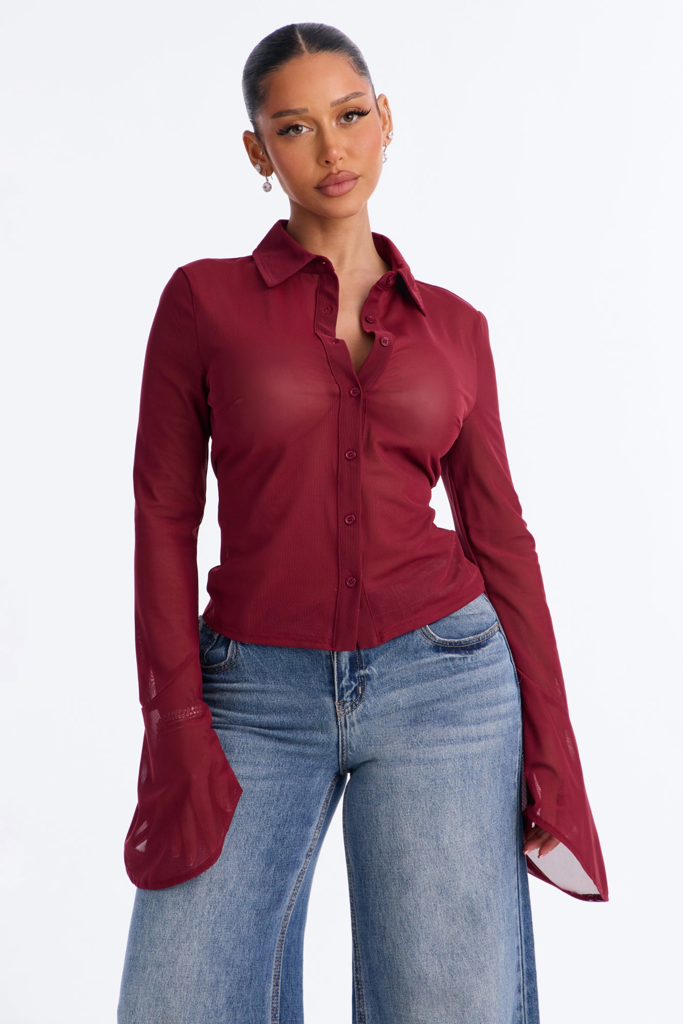 Office Flirt Mesh Long Bell Sleeve Shirt - Burgundy