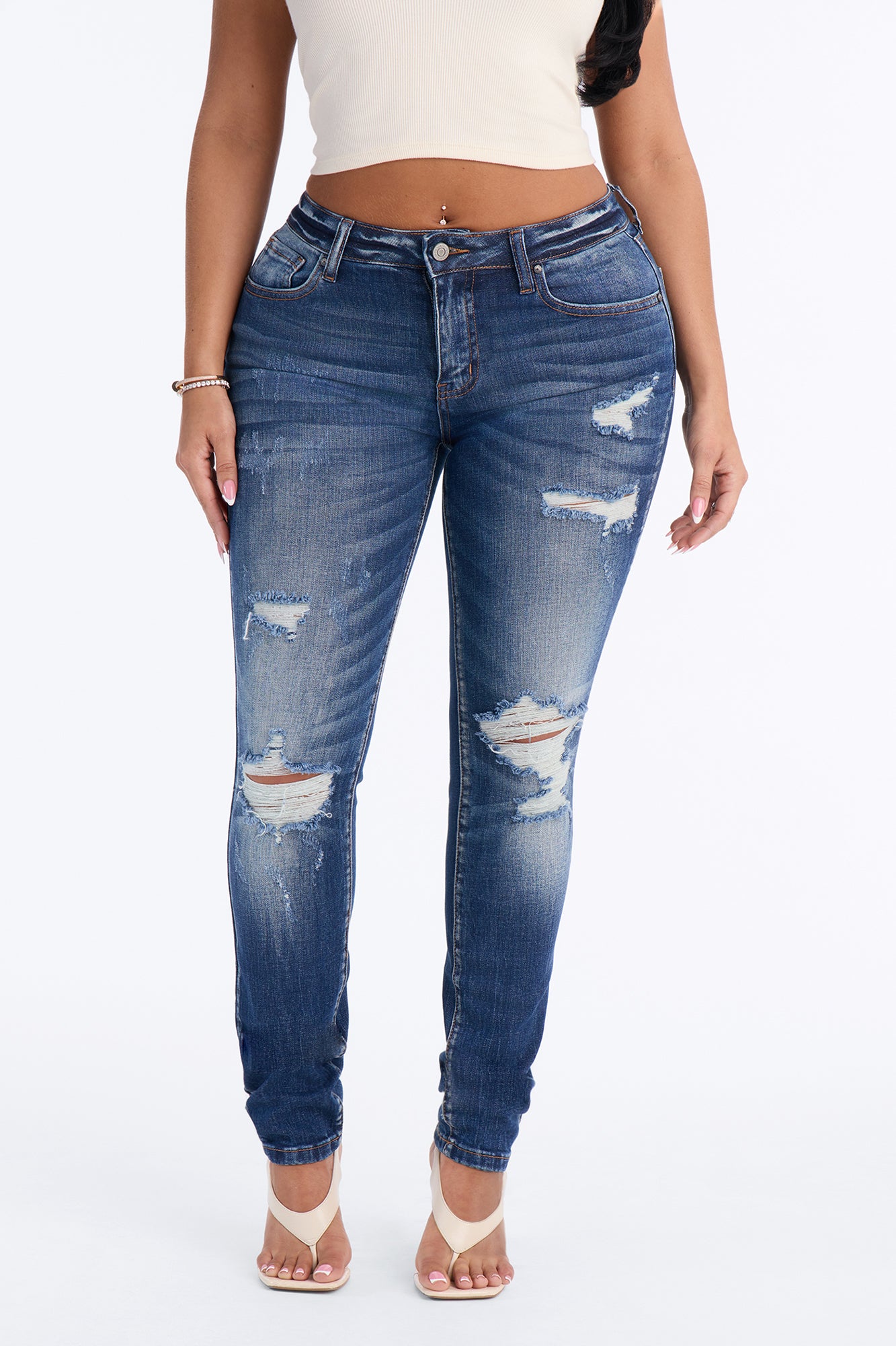 Get The Vibe Stretch Ripped Skinny Jeans - Dark Wash