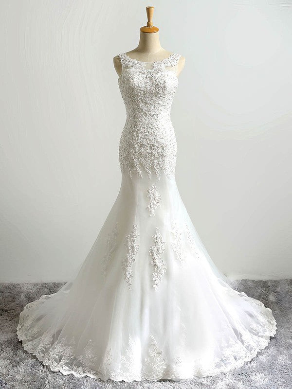 Beautiful Mermaid Crew Neck Sleeveless Lace Wedding Dresses