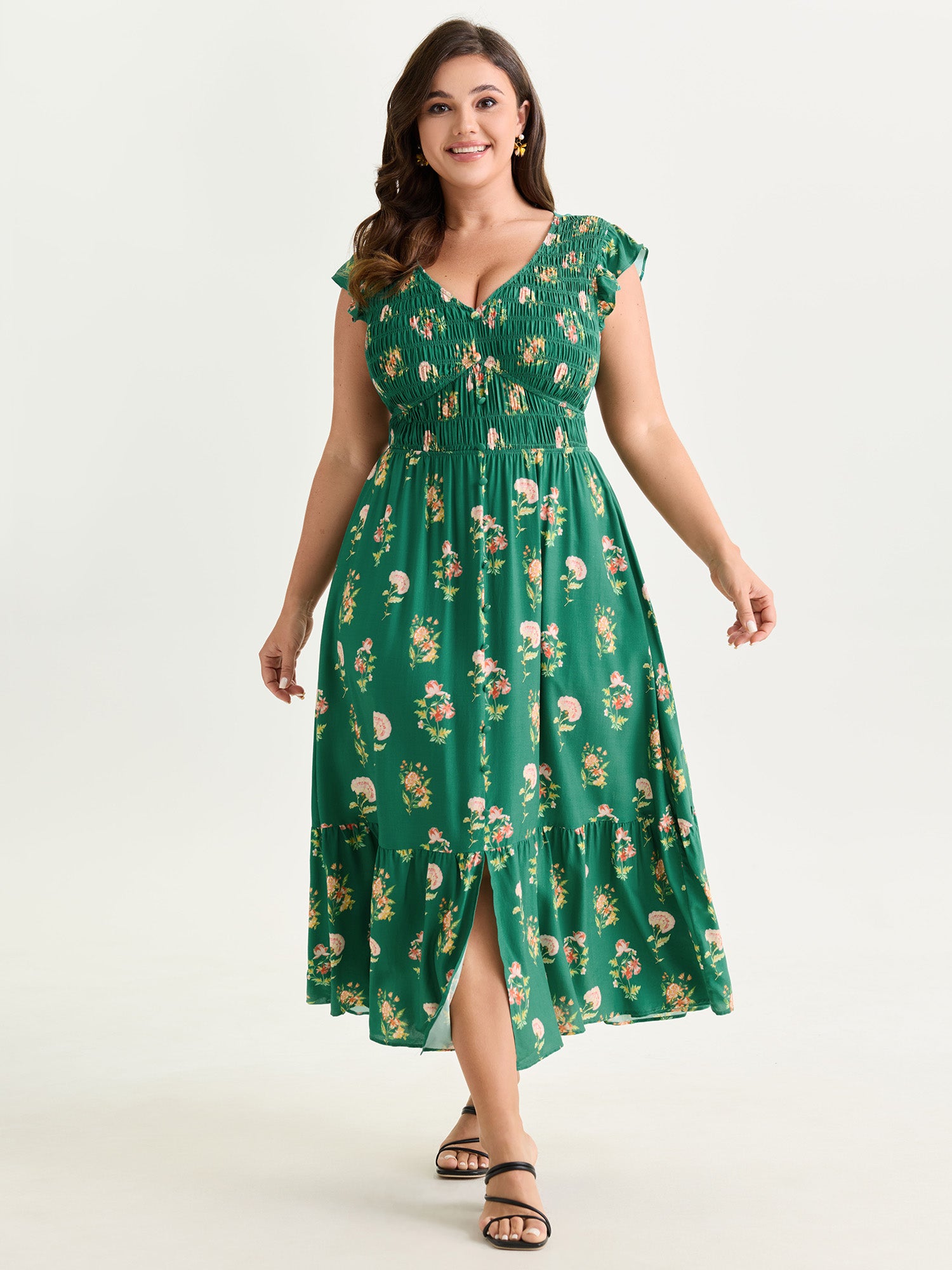 Floral Print Shirred Waist V-Neck Midi Dress