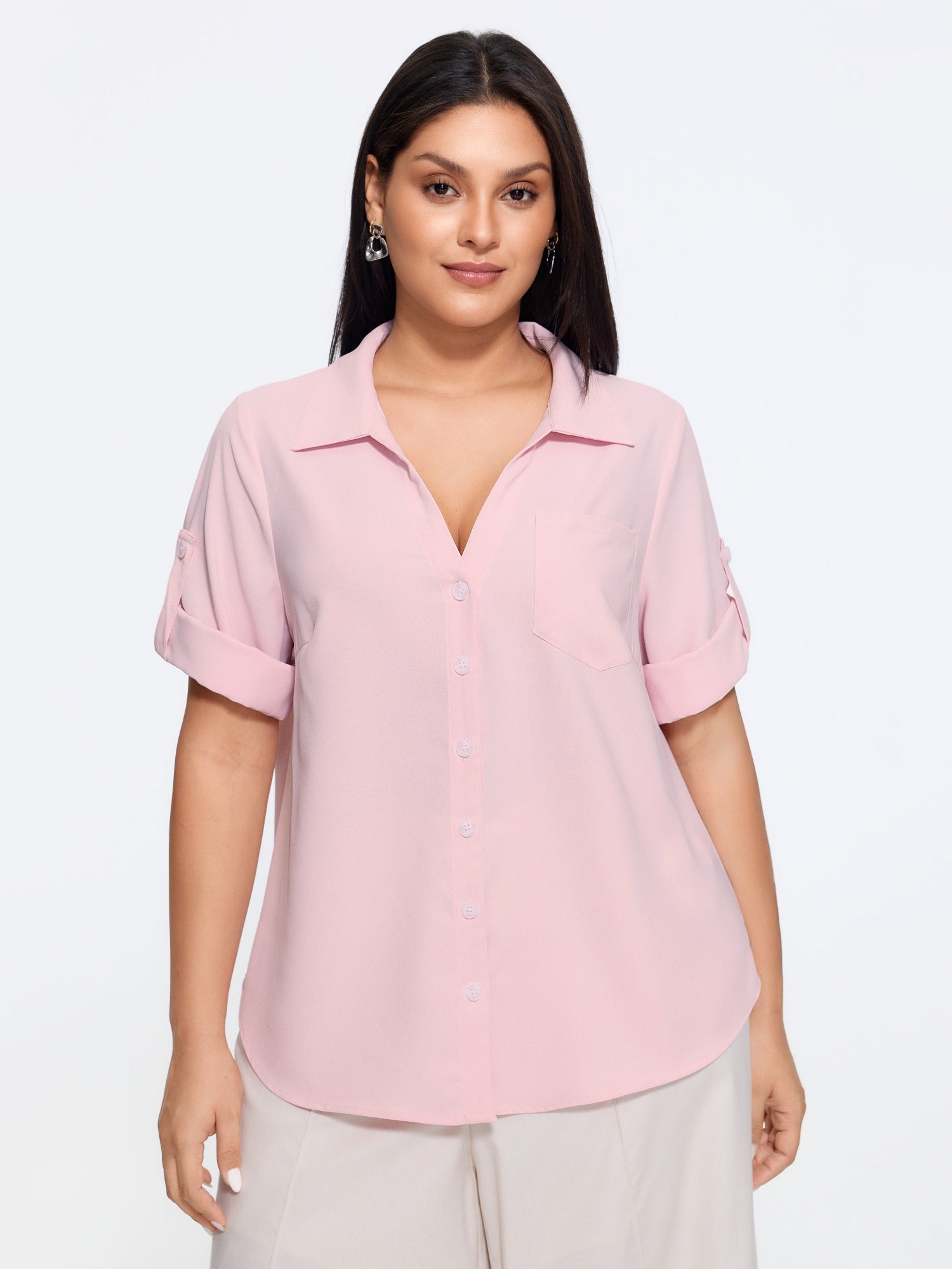 Button Front Roll Tab Sleeve Blouse