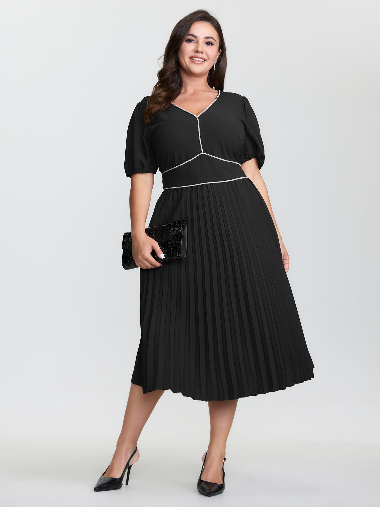 Rhinestone Trim Stitch Plicated Detail Midi Dress