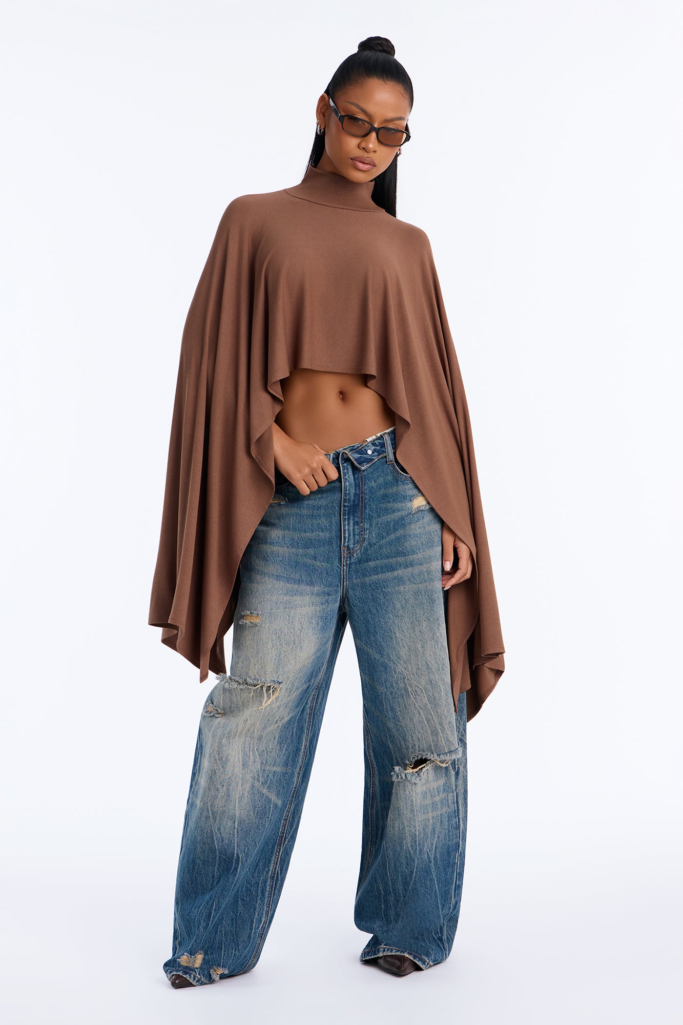 Aspen Nights Mock Neck Soft Poncho Top - Mocha