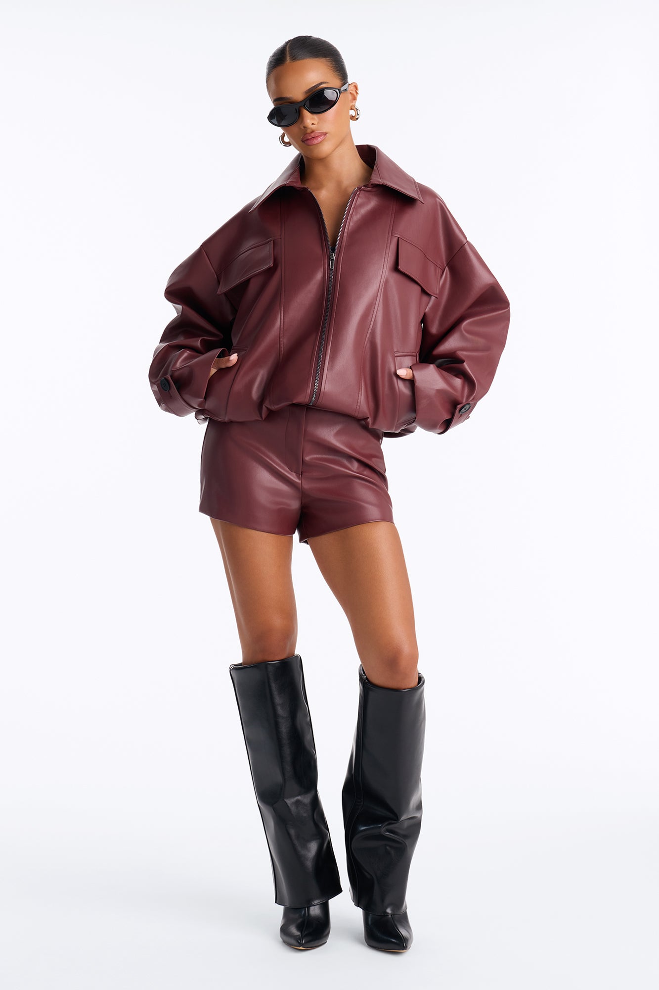 Zaria Faux Leather Straight Short Set - Burgundy