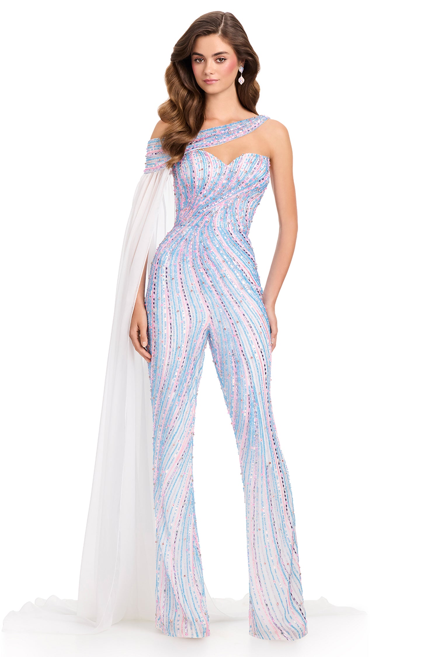 Ashley Lauren 12439 - Chiffon Cape Beaded Sweetheart Jumpsuit
