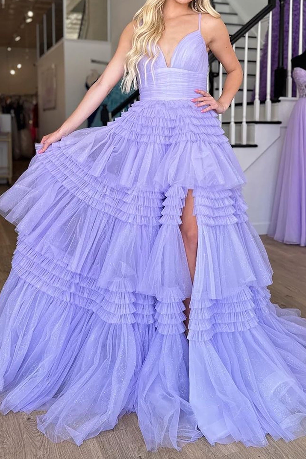 Elegant Lavender Long Prom Dress with Spaghetti Straps and A-Line Ruffles