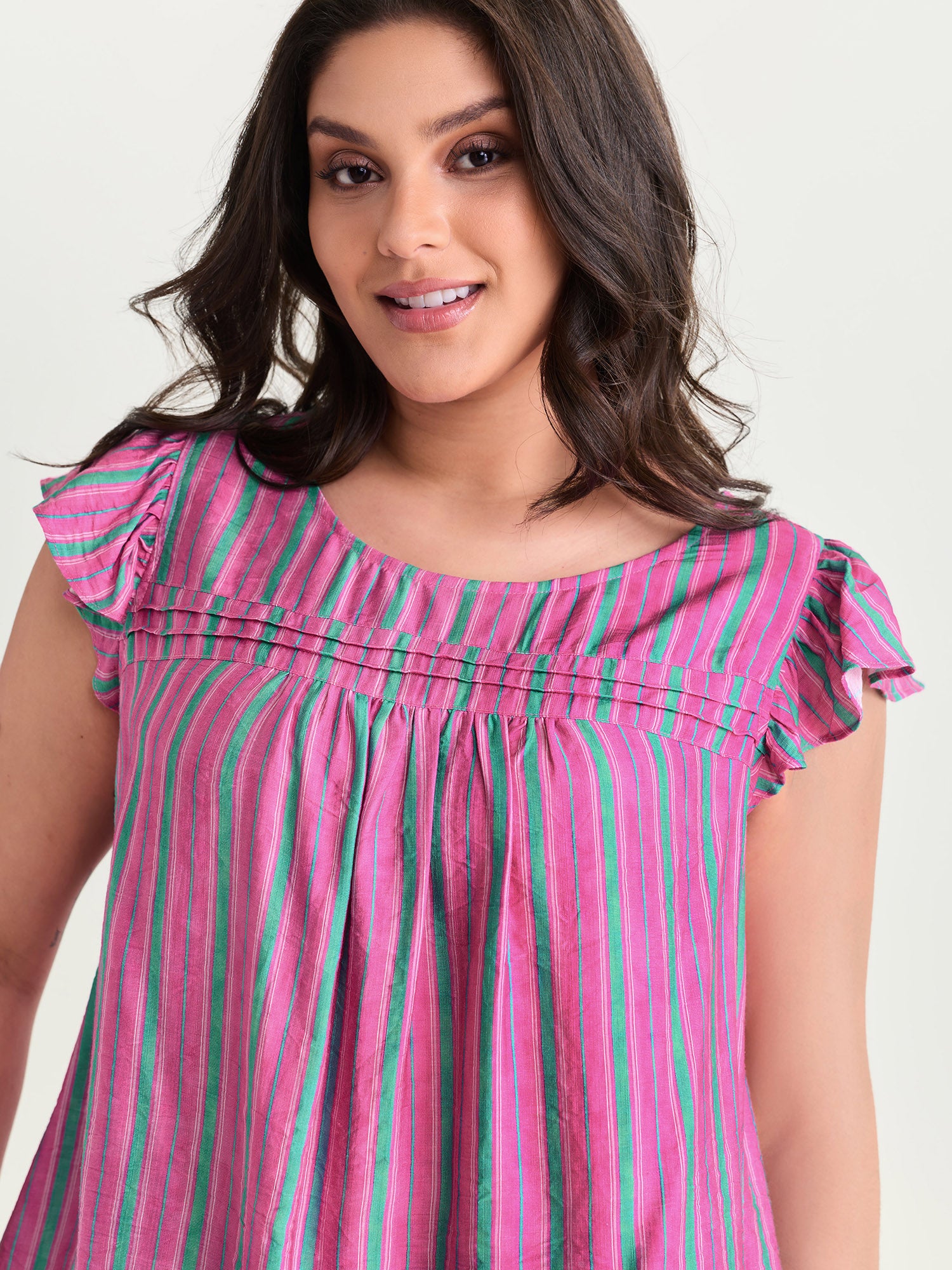 Colorful Striped Print Flutter Sleeve Blouse