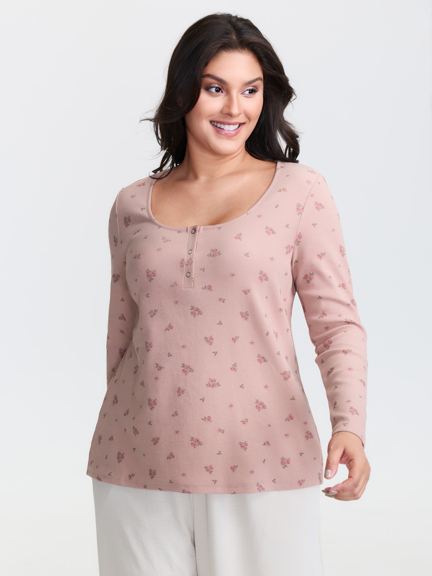 Floral Print Ribbed Button Lounge Top