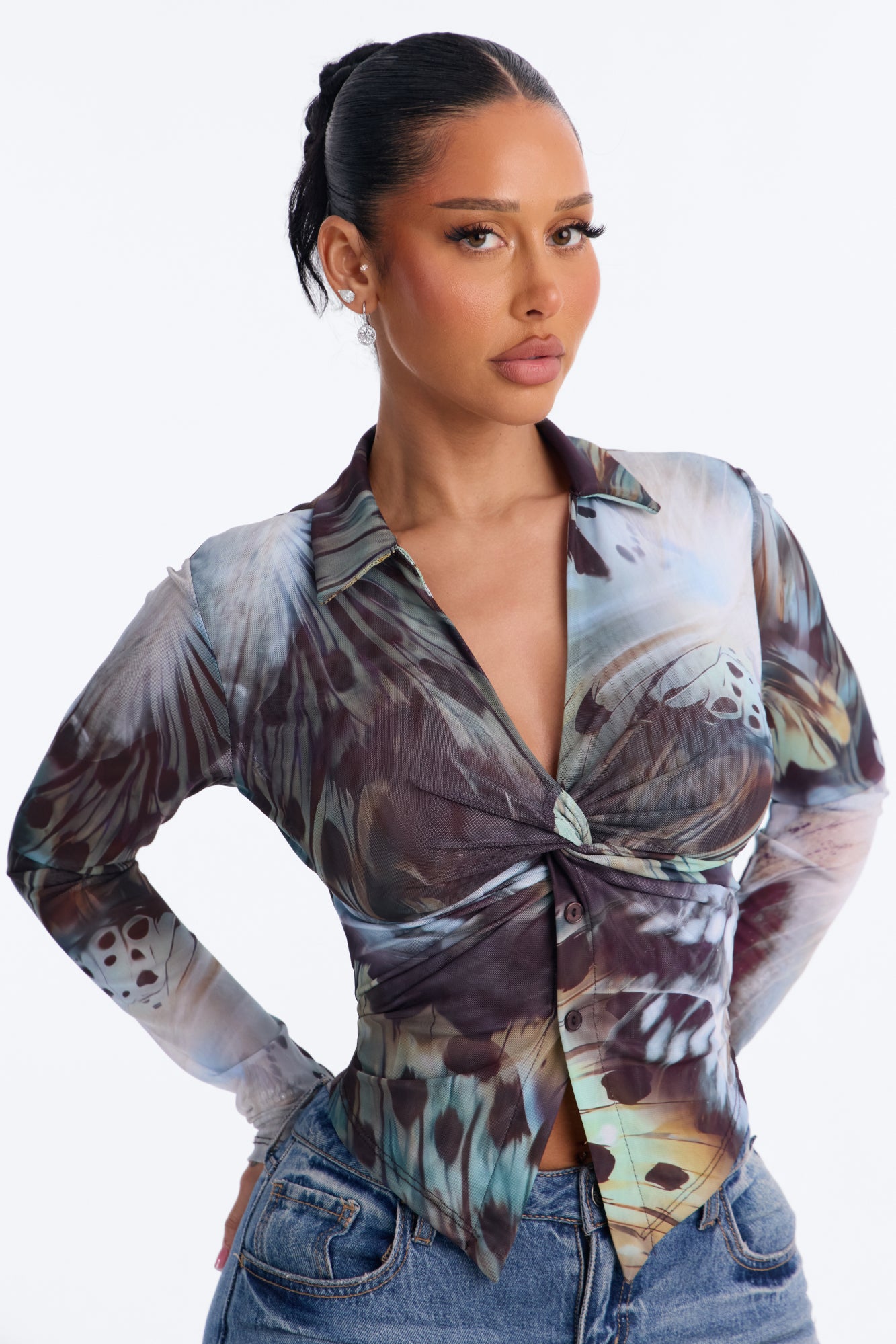Alondra Abstract Mesh Long Sleeve Shirt - Blue/combo