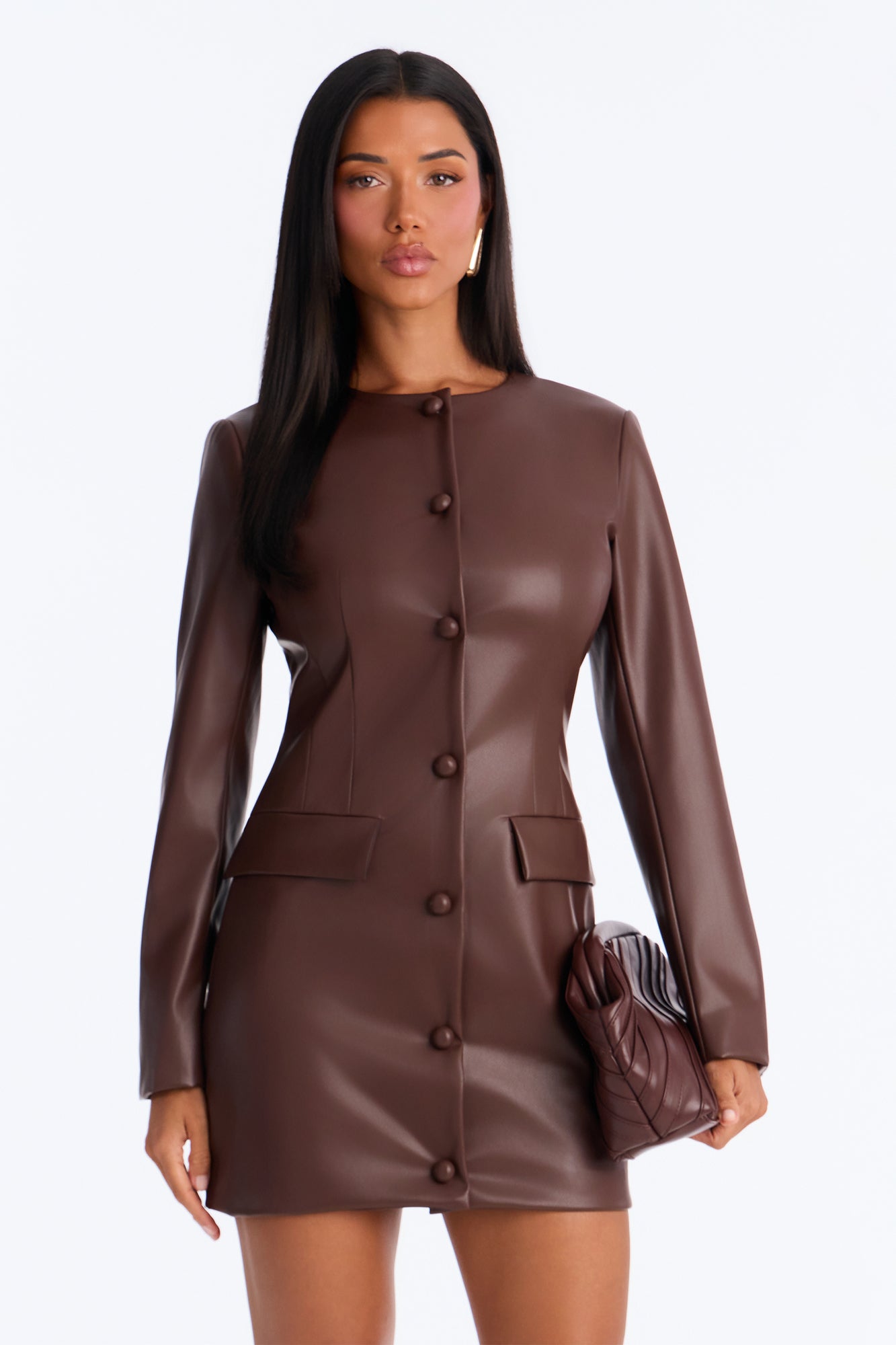 Shes A Big Stepper Faux Leather Blazer MIni Dress - Chocolate