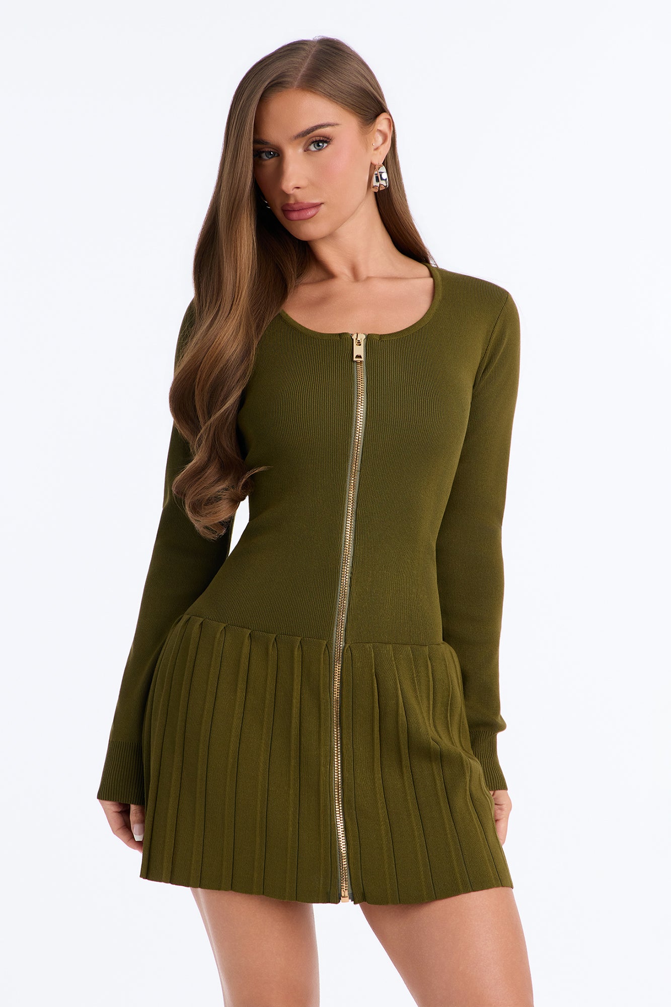 Farah Zip Front Sweater Mini Dress - Olive