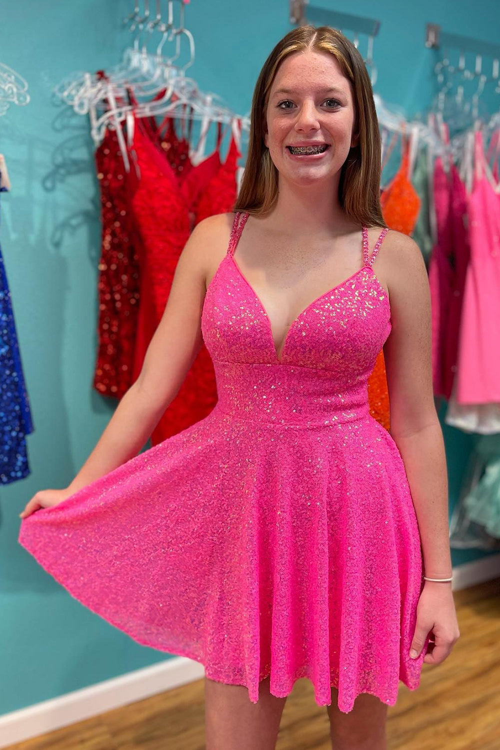 Sparkly Hot Pink Open Back Sequins A-Line Short Homecoming Dress/Mini Dress