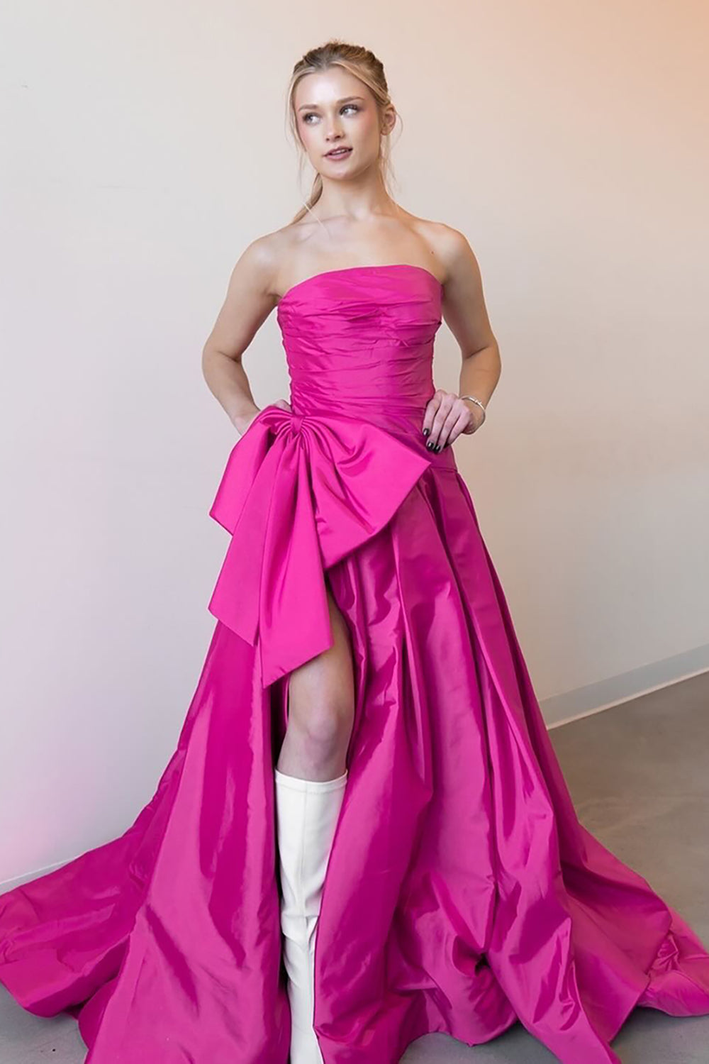 Long Strapless Satin Prom Dress in Fuchsia with Princess Bow