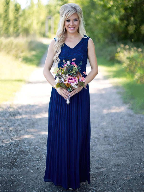 Elegant A-Line V-Neck Sleeveless Lace Chiffon Floor-Length Bridesmaid Dresses with Ruffles