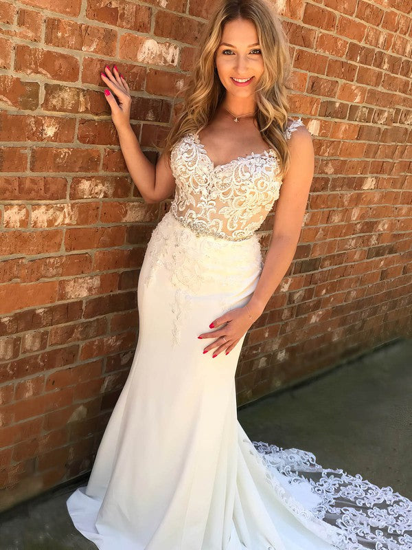 Gorgeous Trumpet V-Neck Stretch Satin Wedding Dresses with Chapel Train