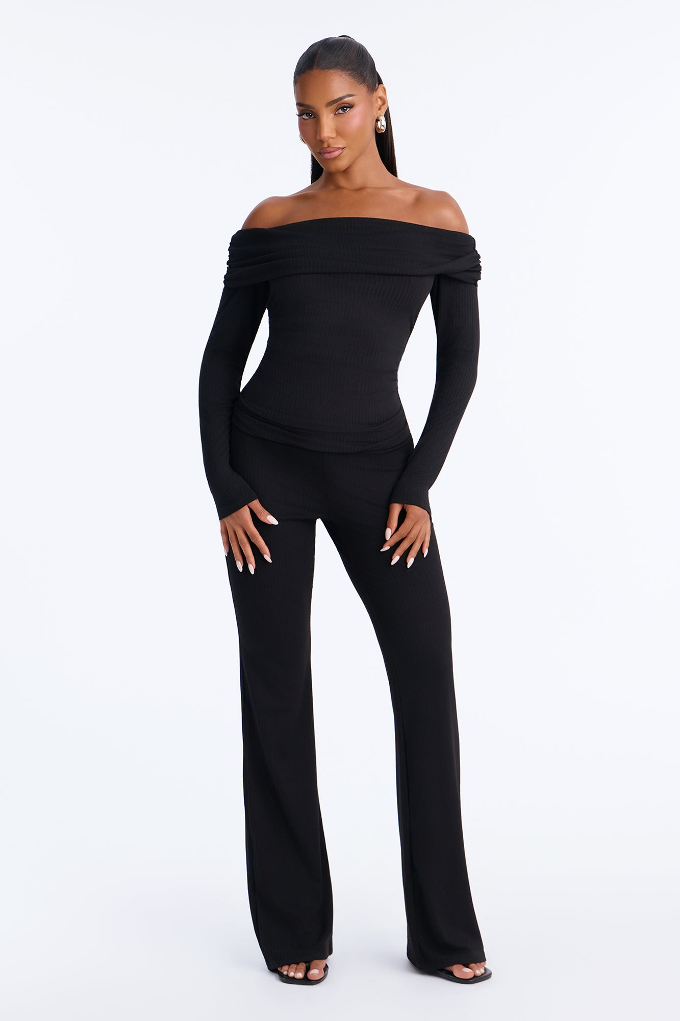 Karissa Off Shoulder Ribbed Pant Set - Black