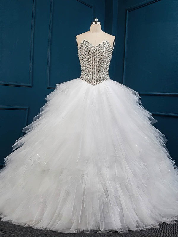 Luxurious V-Neck Tulle Sequined Ball Gown Chapel Train Wedding Dresses
