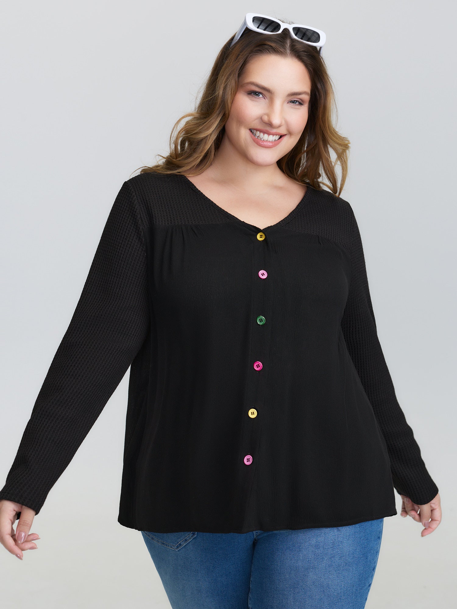 Stretchy Textured Colorful Button Blouse