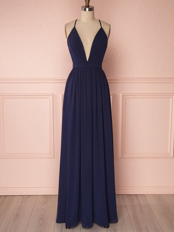 Trendy A-Line V-Neck Spaghetti Straps Chiffon Floor-Length Ruffles Bridesmaid Dresses