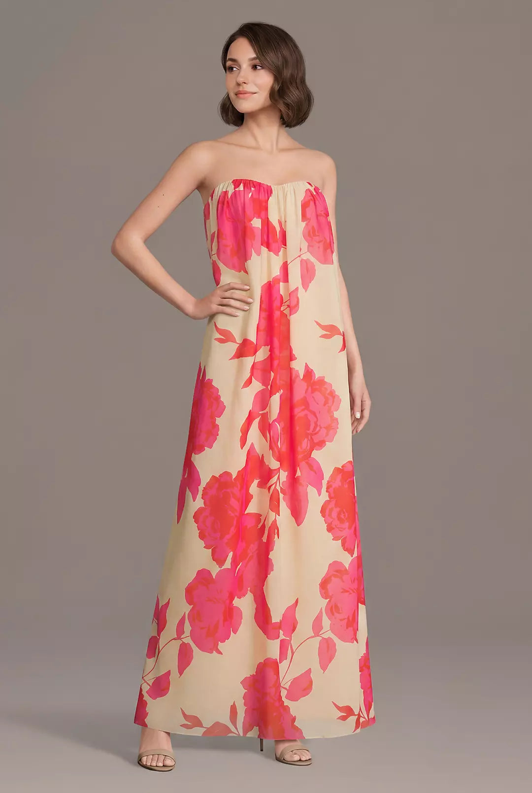 Strapless Floral Print Chiffon Tent Dress