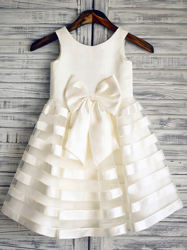 Trendy Tiered A-Line Crew Sleeveless Satin Flower Girl Dresses with Bow