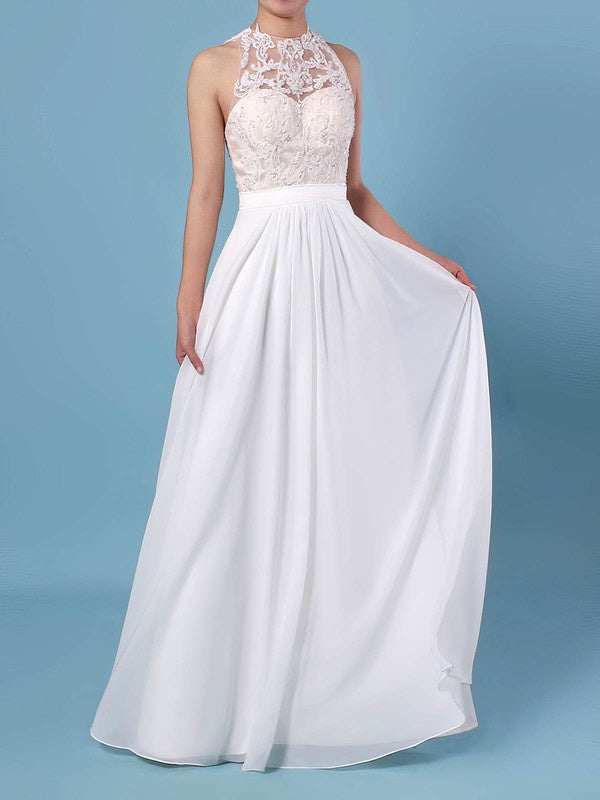 Exquisite A-Line Sleeveless Chiffon Lace Floor-Length Wedding Dresses