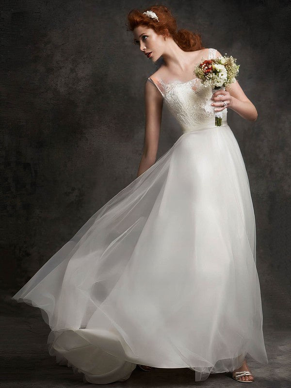 Stylish A-Line Sleeveless Lace Tulle Floor-Length Wedding Dresses with Ribbon
