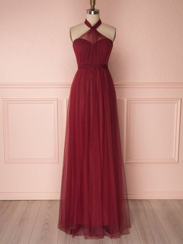 Beautiful A-Line Halter Sleeveless Tulle Floor-Length Bridesmaid Dresses with Sash