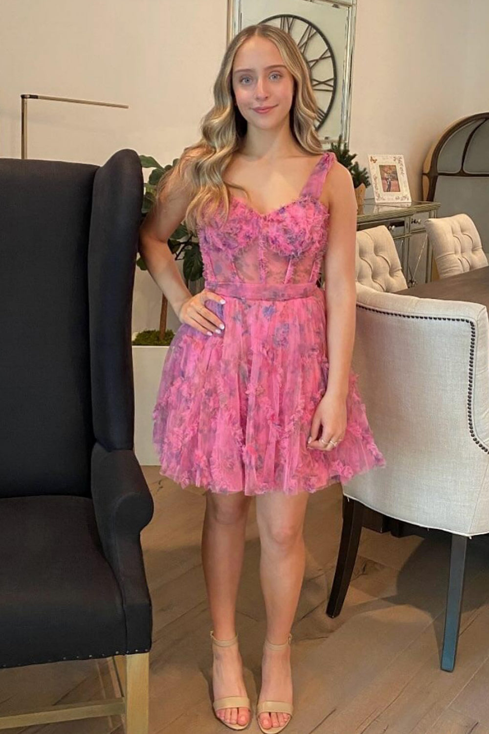 Fuchsia Corset A Line Floral Short Homecoming Dress/Mini Dress