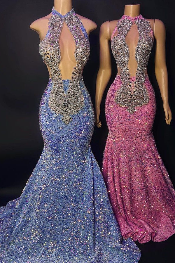 Beaded Sequins High Halter Neck Sleeveless Mermaid Formal Dress With Appliques