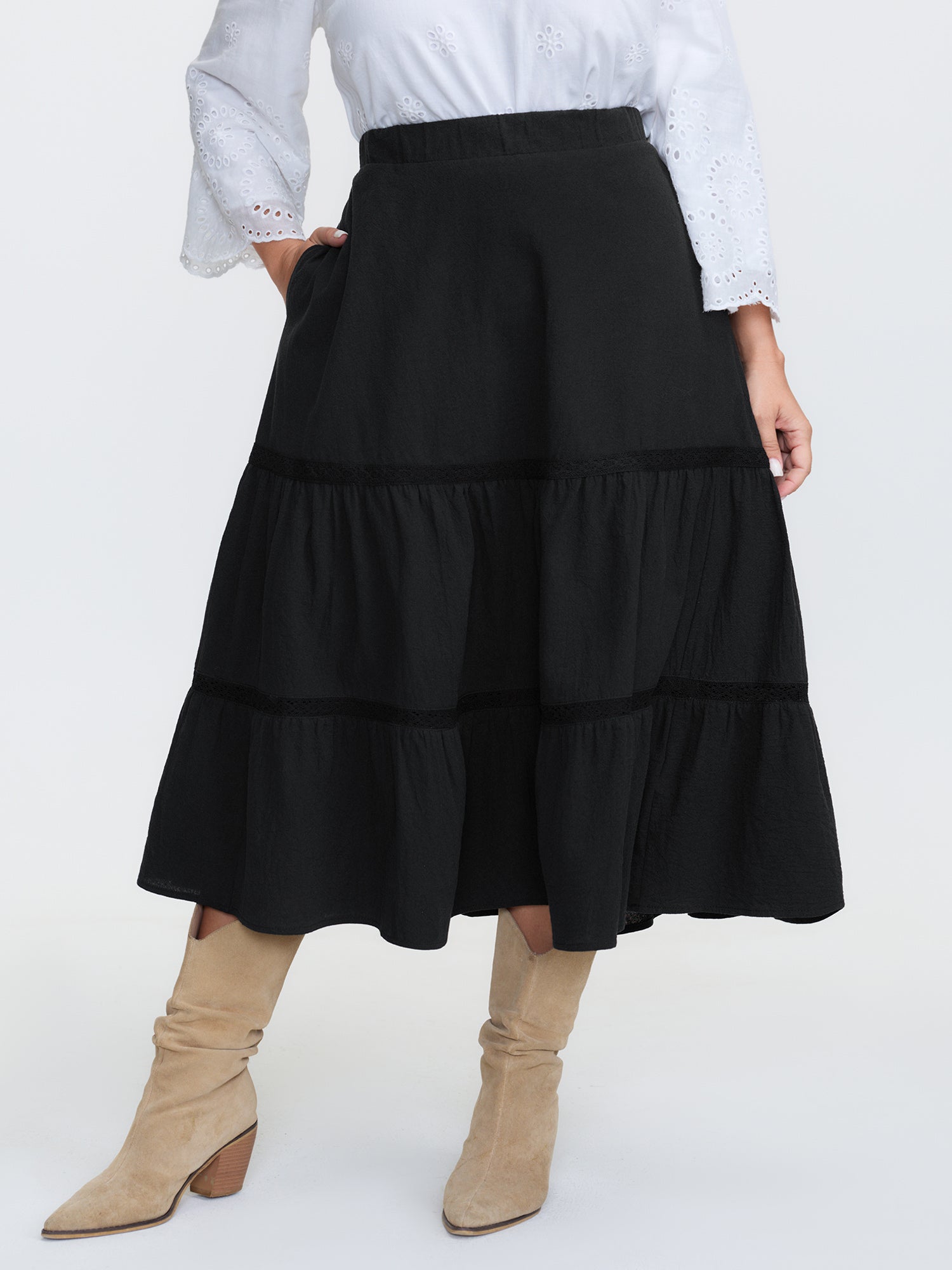 Tiered Solid Contrast Midi Skirt